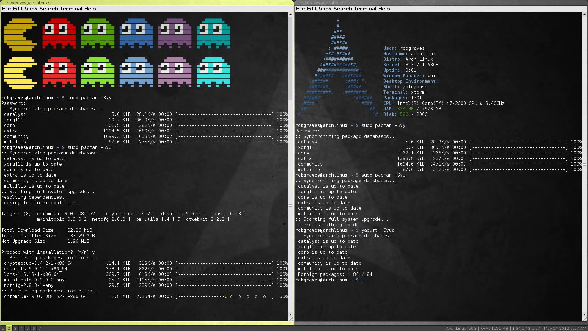 My actual desktop from a few years ago running Arch Linux with wmii tiling window manager