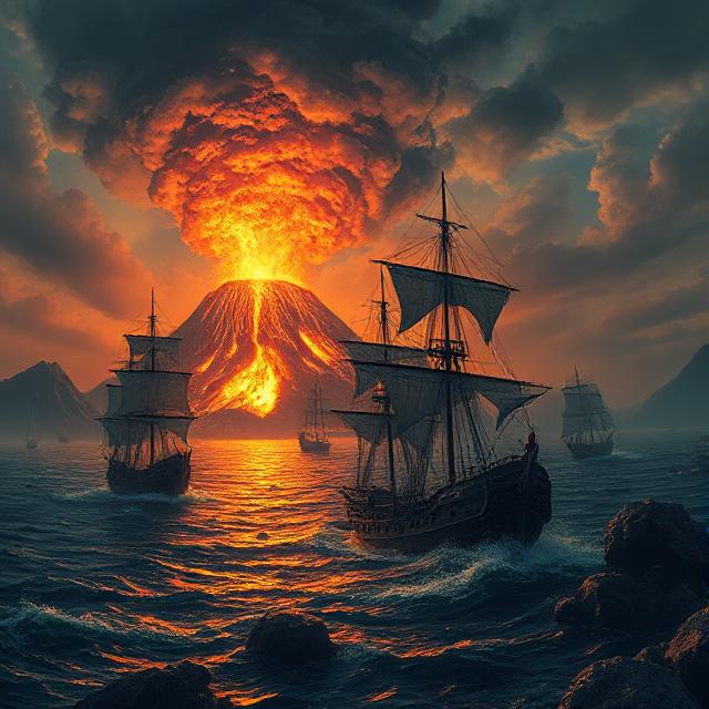 Active valcano and pirates fighting